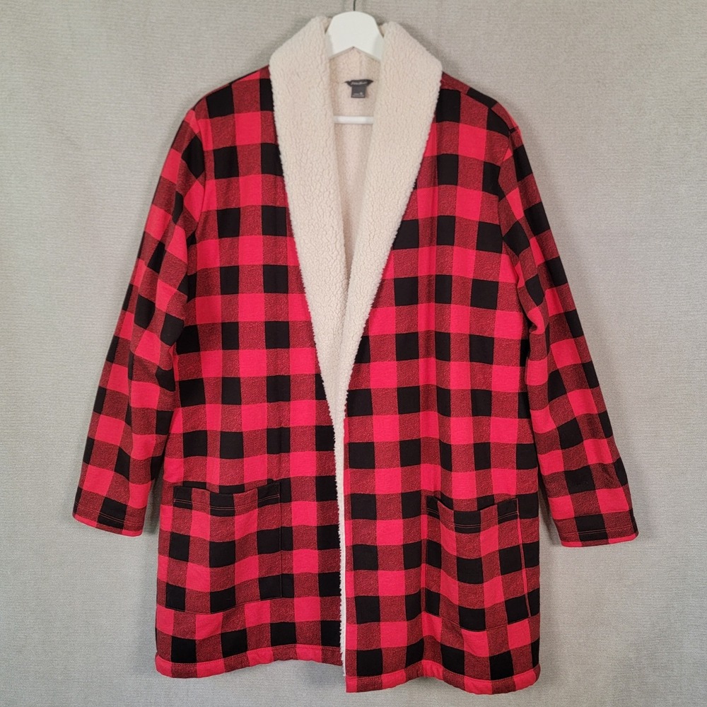 Eddie Bauer Jacket Sherpa Lined Buffalo Plaid Open Cardigan Womens XL Lumberjack